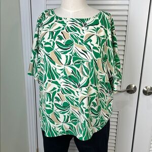 Anne Klein 2X Green Tropical Leaf Blouse Flutter Sleeve Lightweight Top